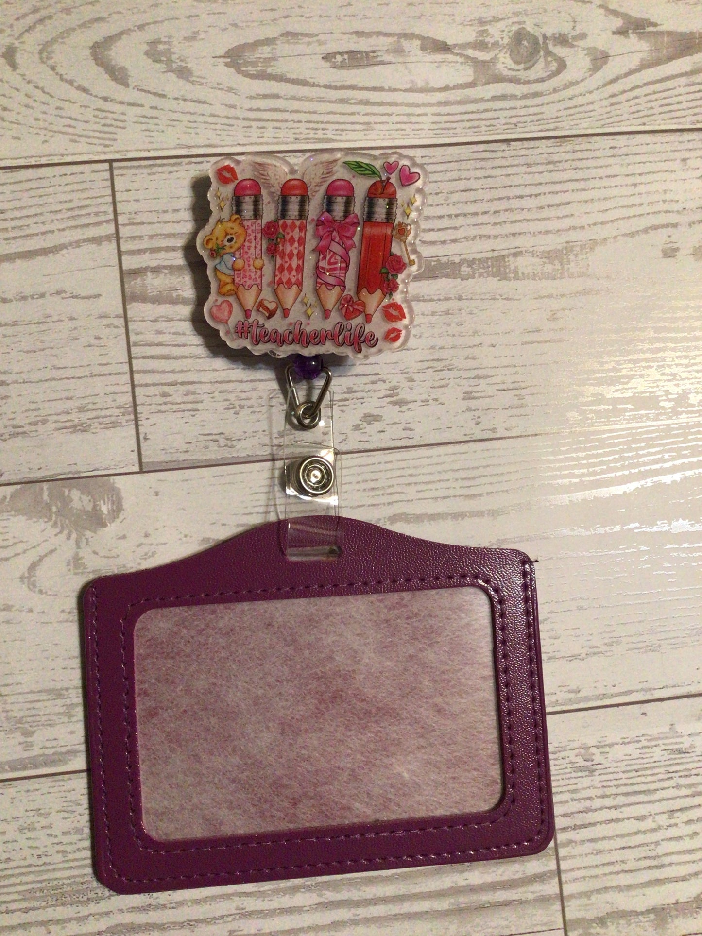 Teacher badge reel ID holder purple