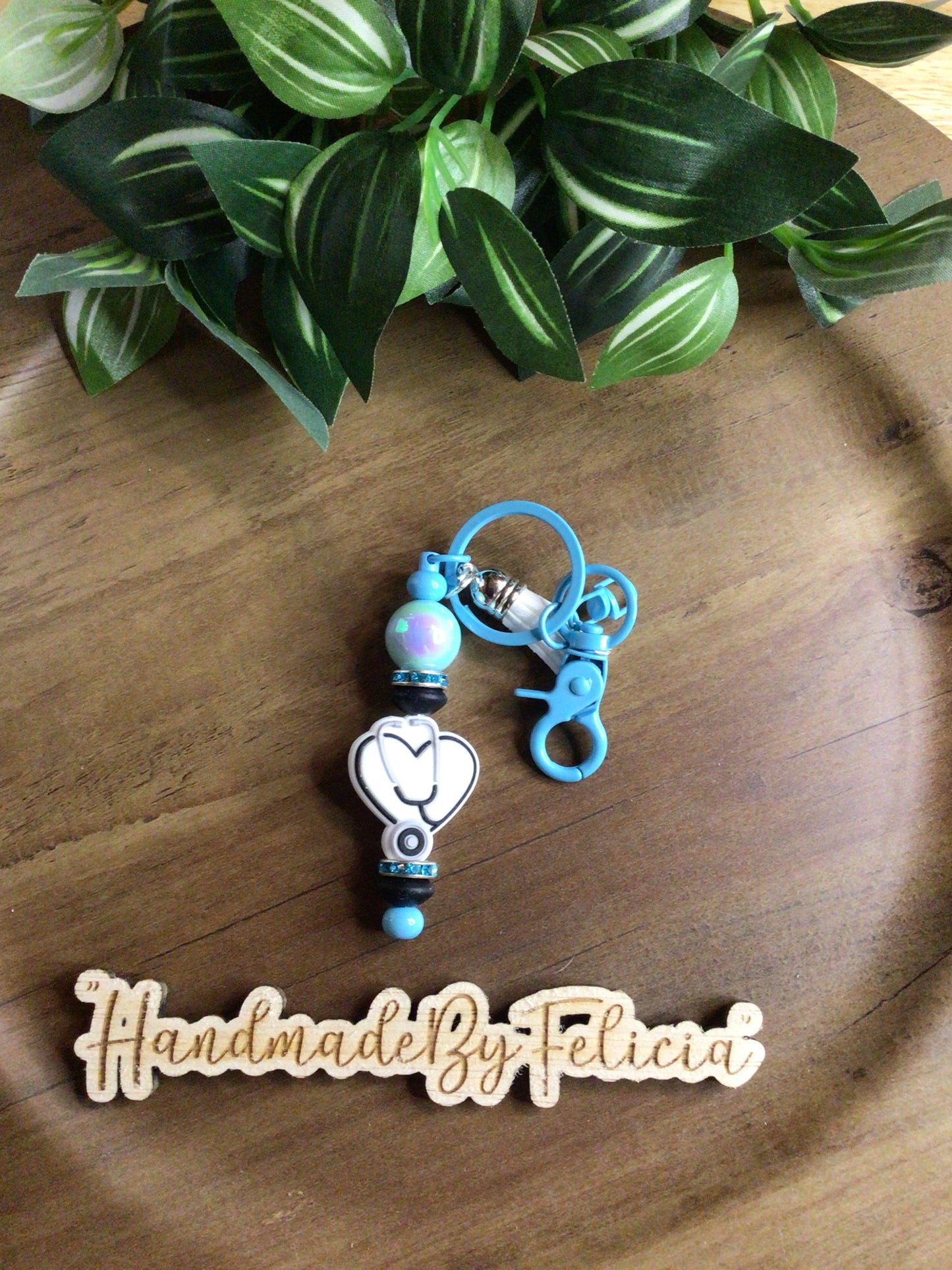 White blue heart stethoscope keychain