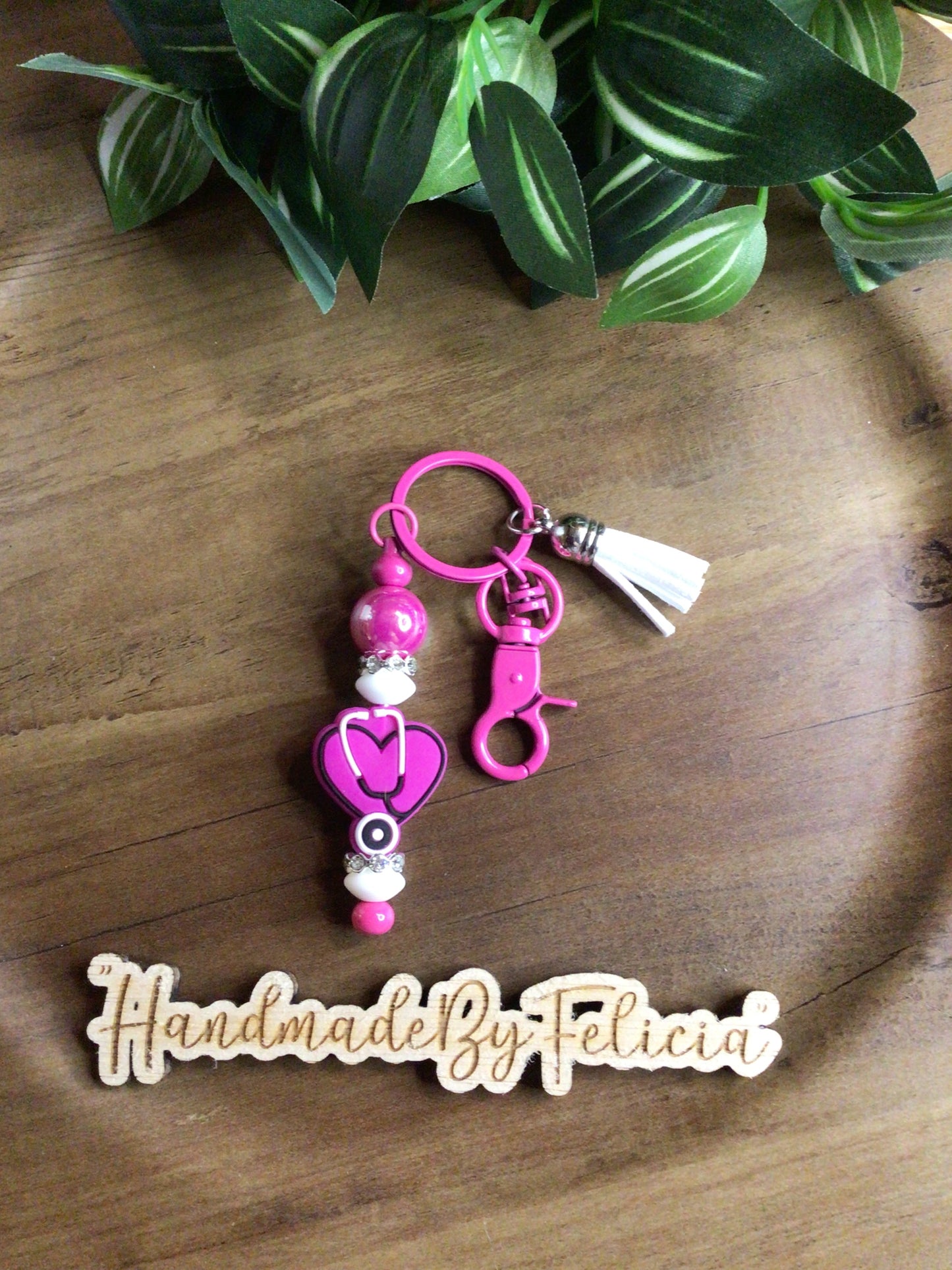 Pink heart stethoscope keychain