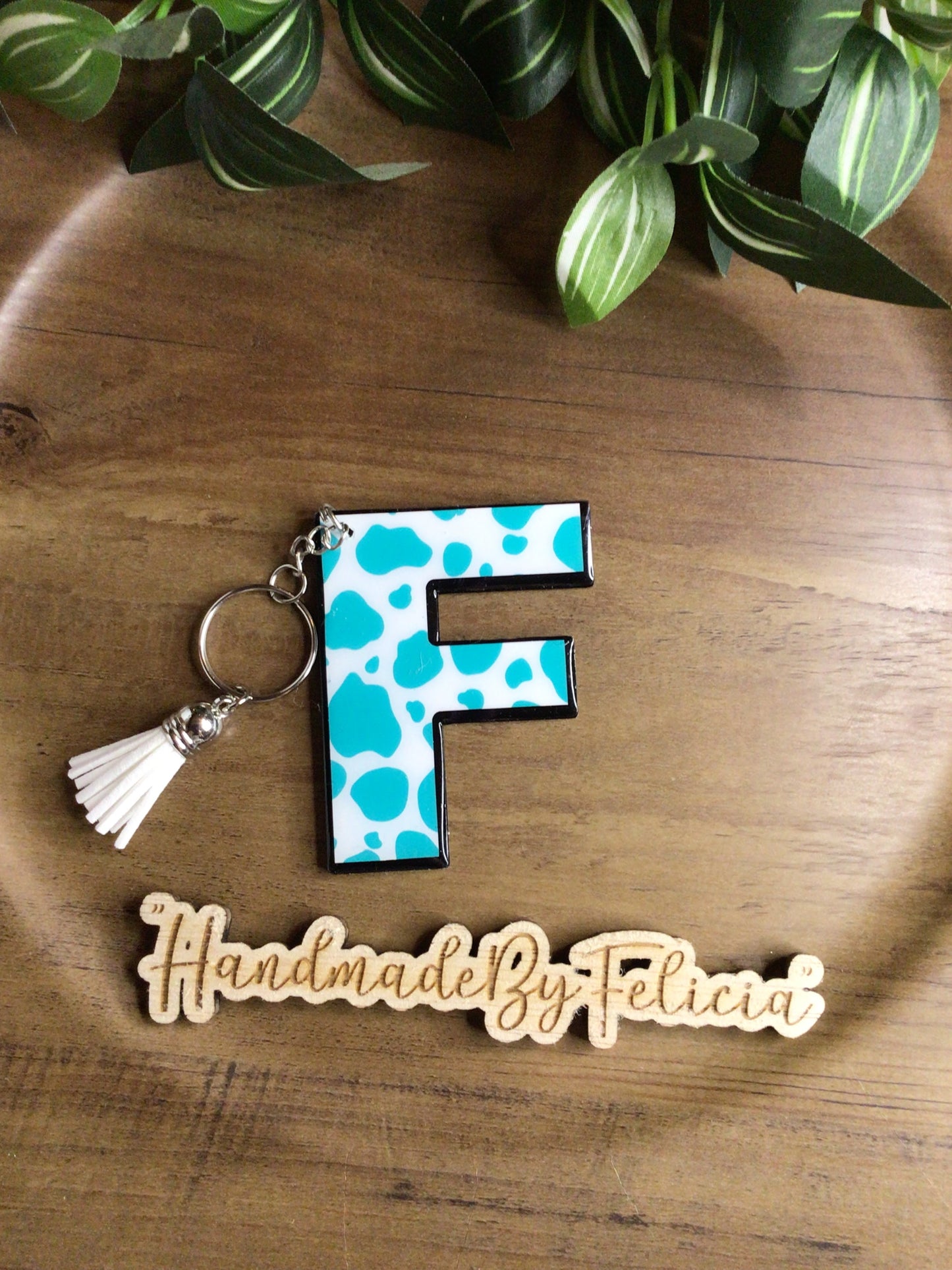 Teal initial F acrylic keychain