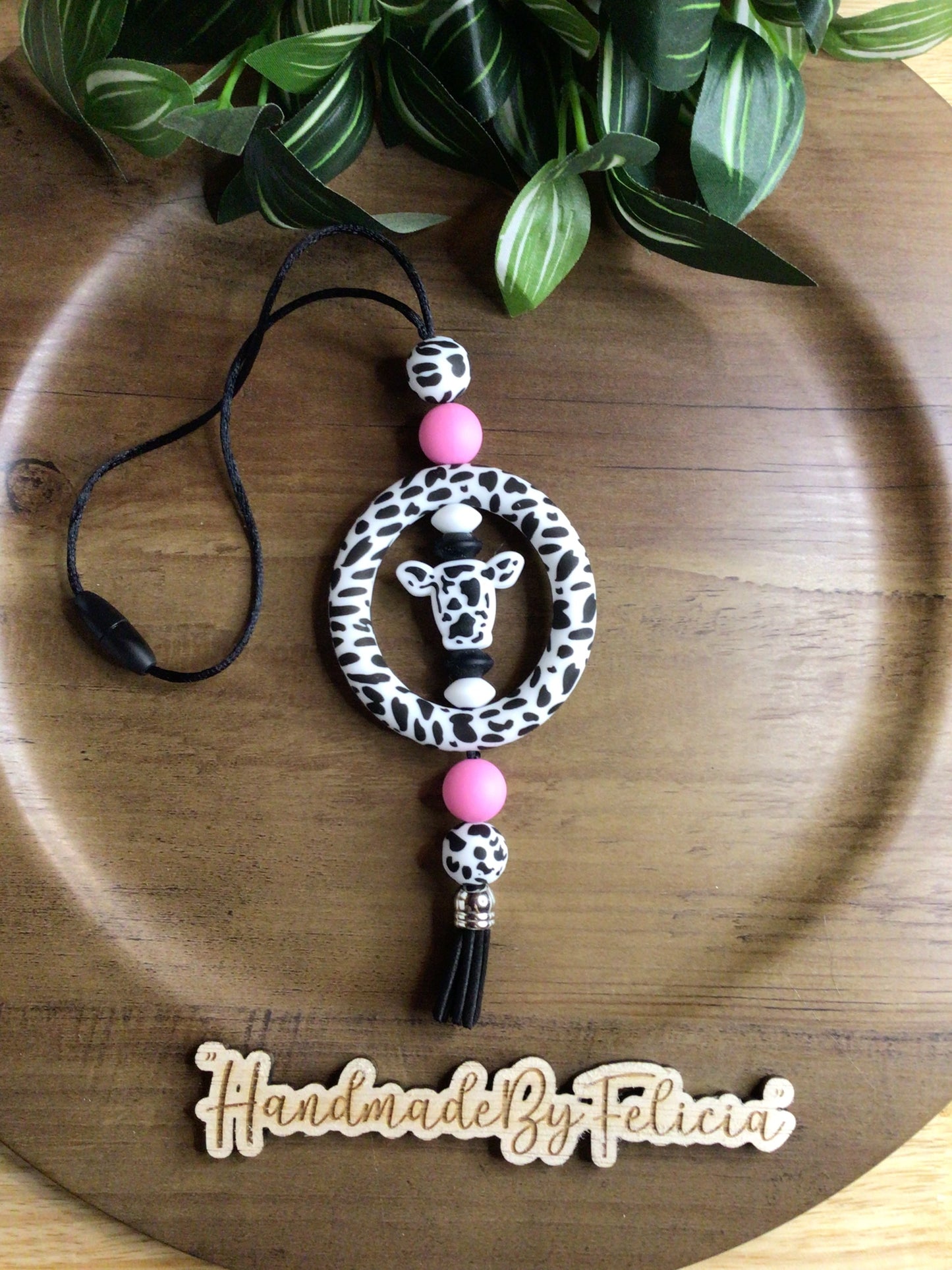Pink black and white cow print car charm
