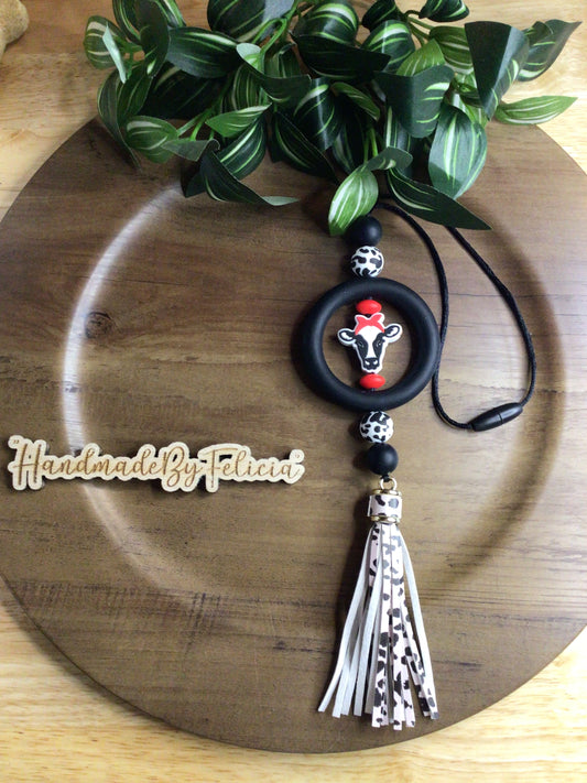 Red bandana cow print car charm