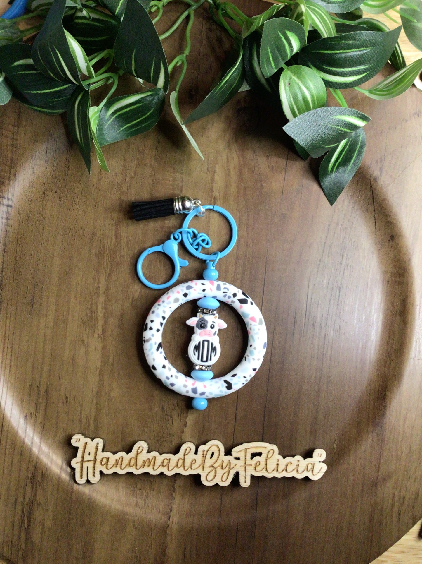 Light blue cow mom keychain
