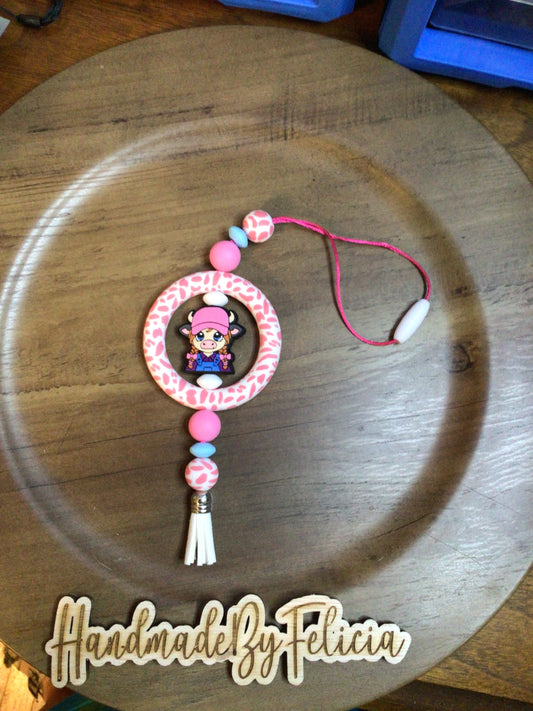 Pink cow print heifer car charm