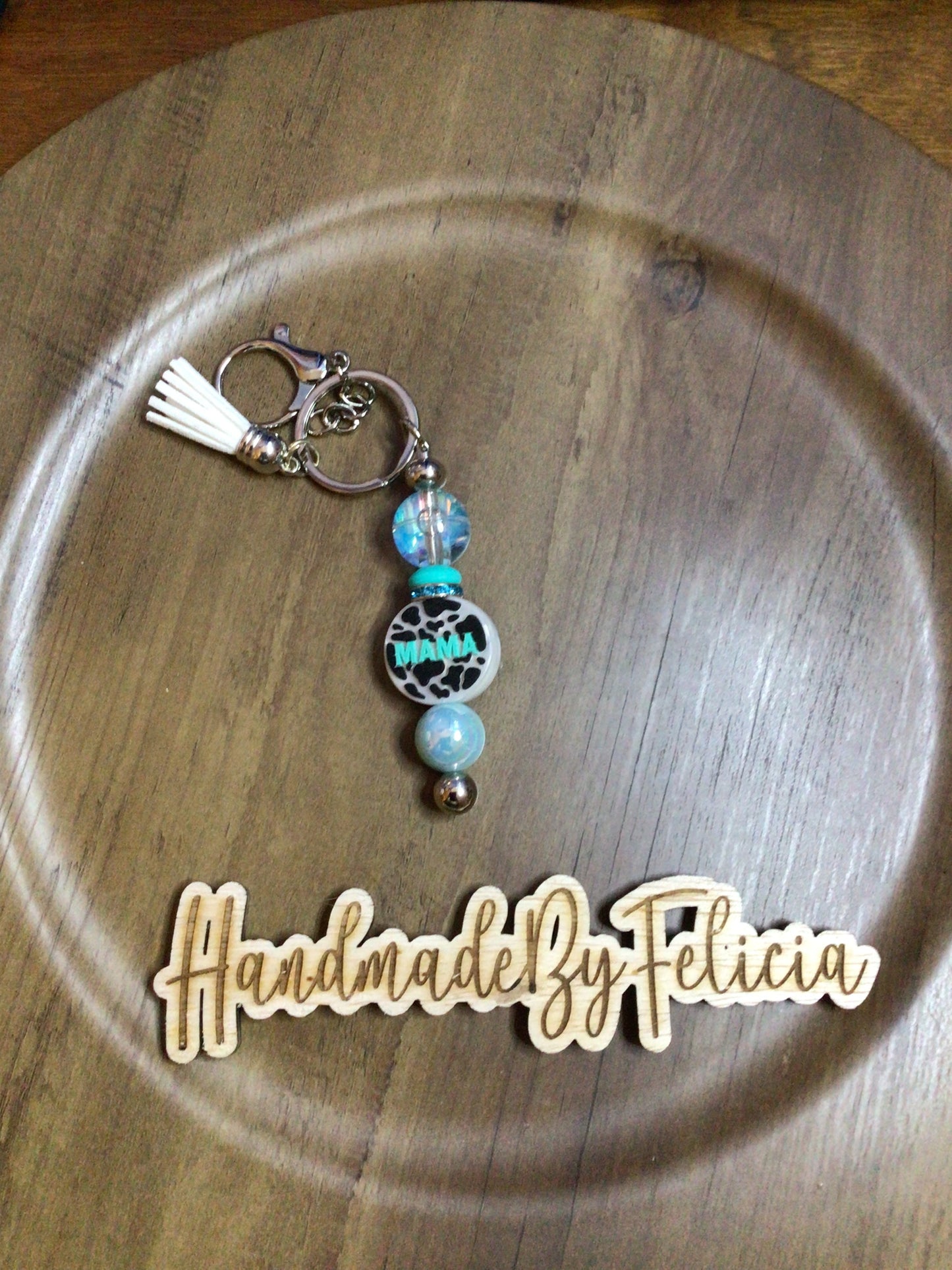 Mom cowprint water bead keychain
