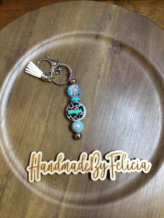 Mom cowprint water bead keychain