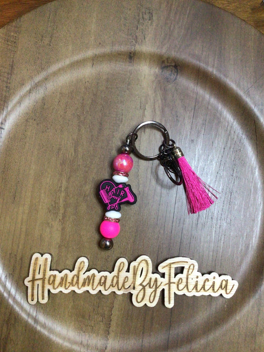Pink and black hairstylist keychain
