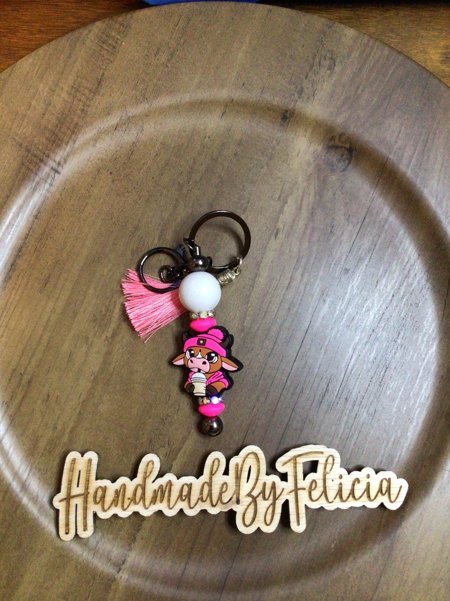 Pink Cow with drink keychain