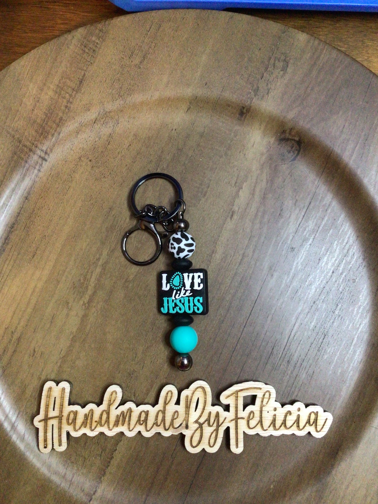 Love like Jesus turquoise keychain