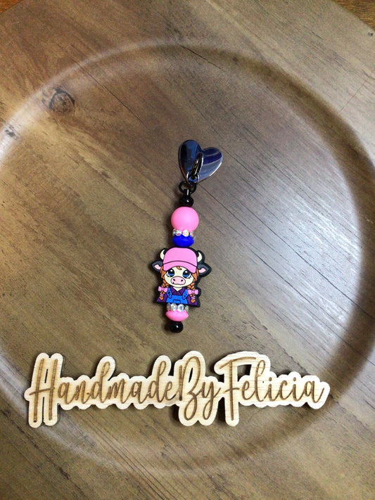 Pink cow braided hair straw charm