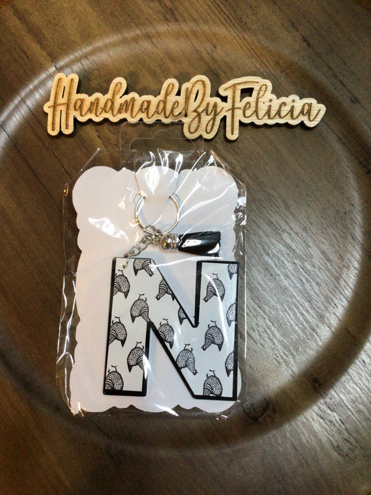Letter N black white chicken keychain