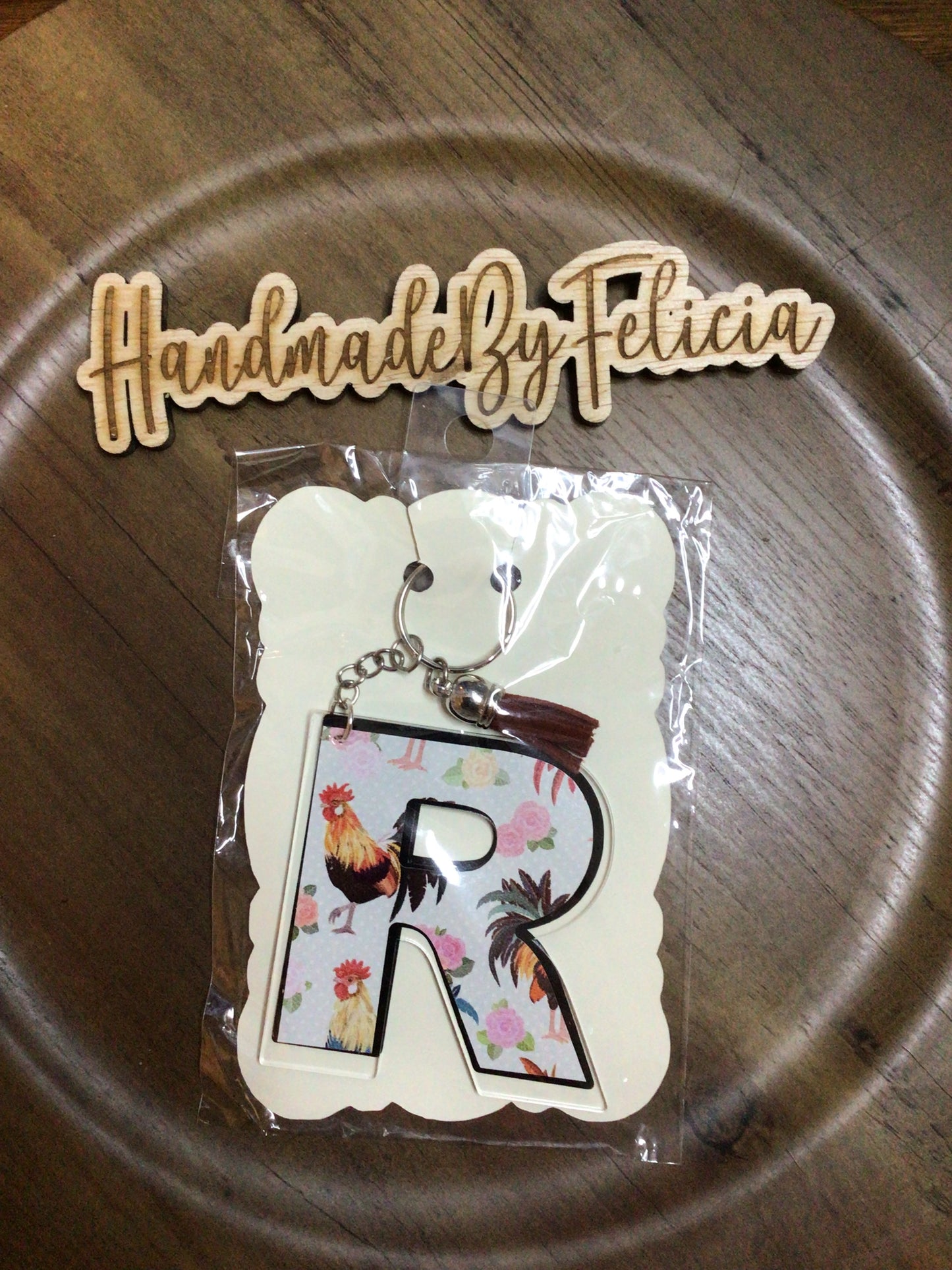 Letter R chickens acrylic keychain