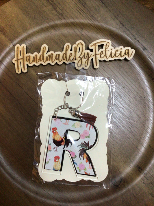 Letter R chickens acrylic keychain