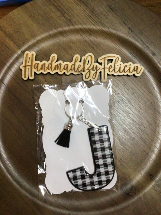 Letter J black check acrylic keychain