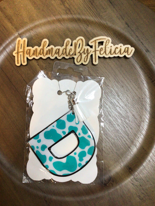 Letter D teal print acrylic keychain