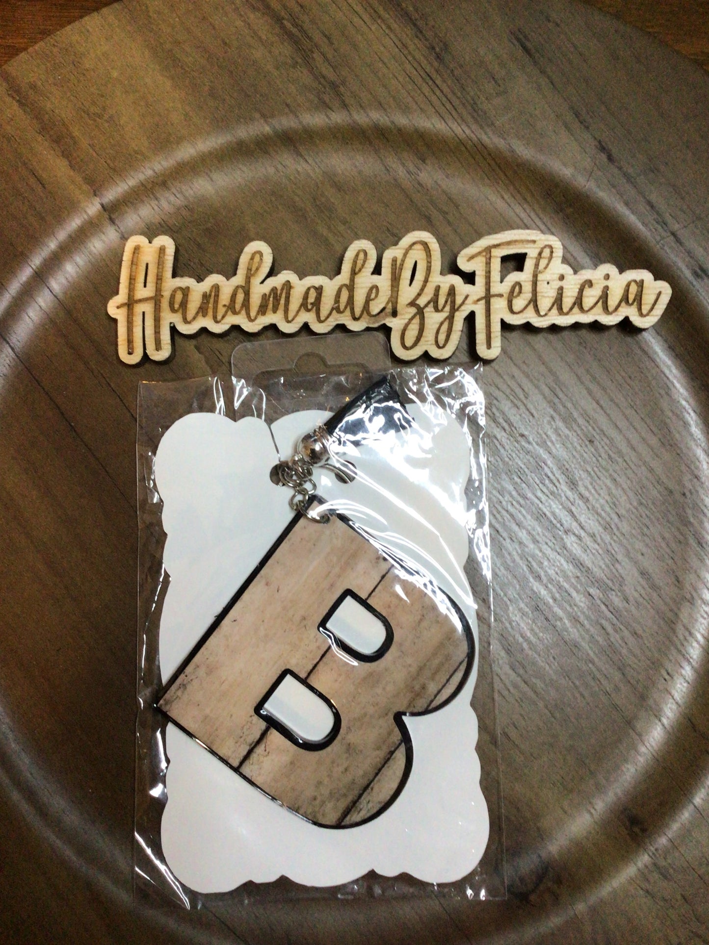 Letter B wood look acrylic keychain