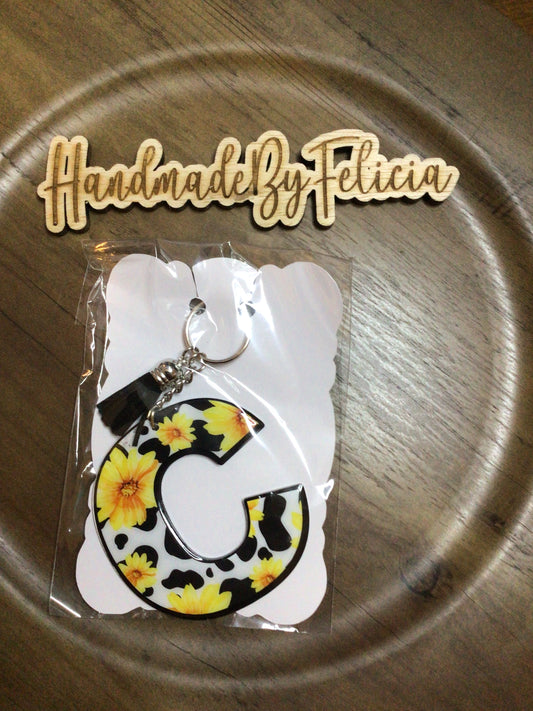 Letter C cow and sunflower acrylic keychain
