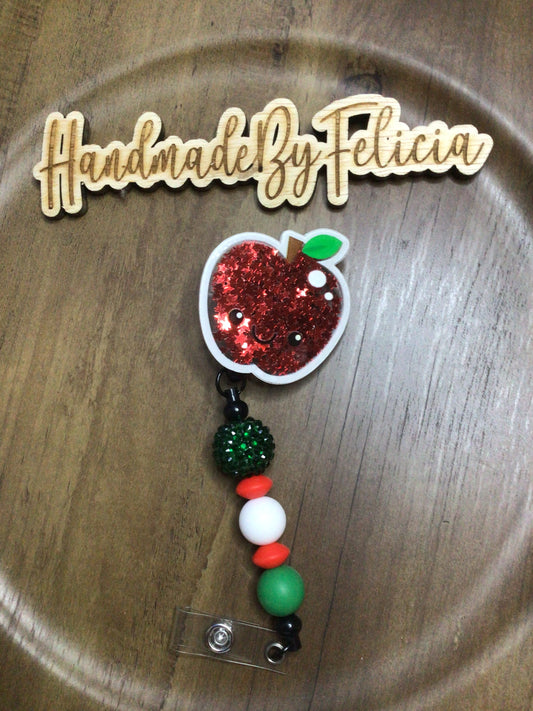 Apple beaded badge reel green