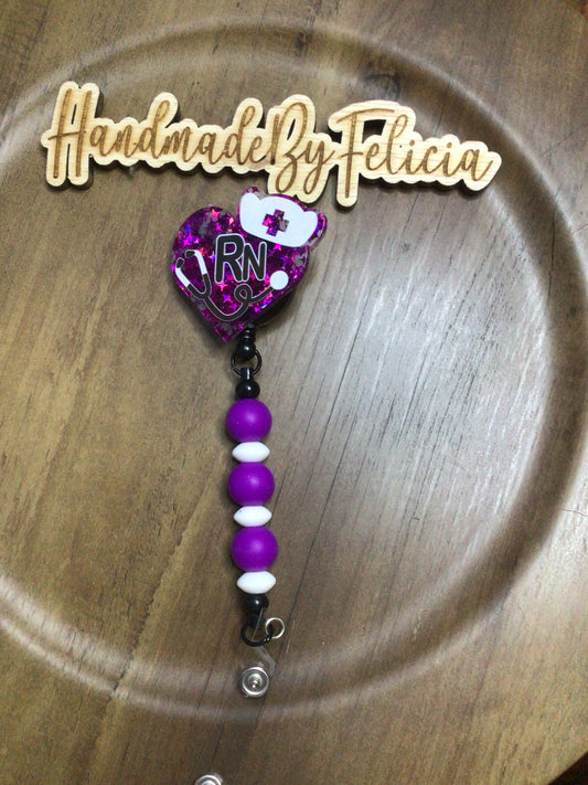 RN beaded badge reel purple white