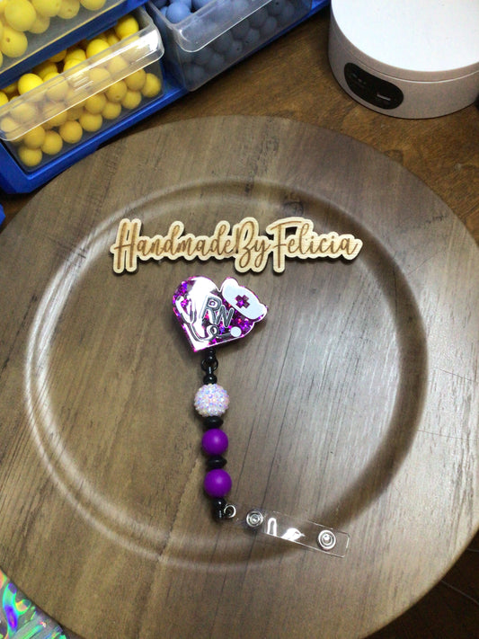 RN purple white bling badge reel