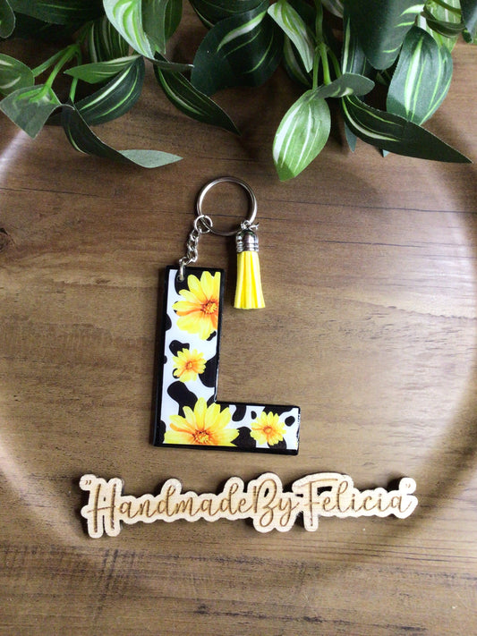 Cowprint initial L acrylic keychain