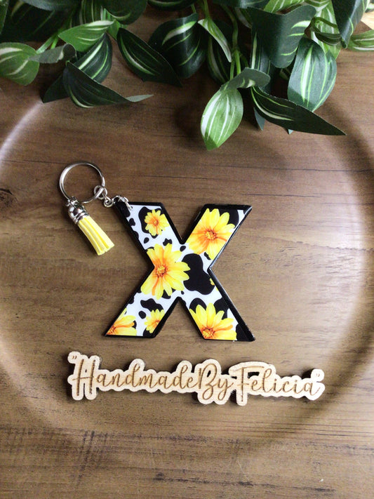 Cow sunflower print initial X acrylic keychain