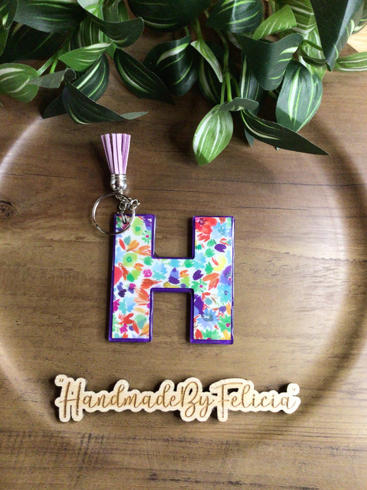 Floral initial H acrylic keychain