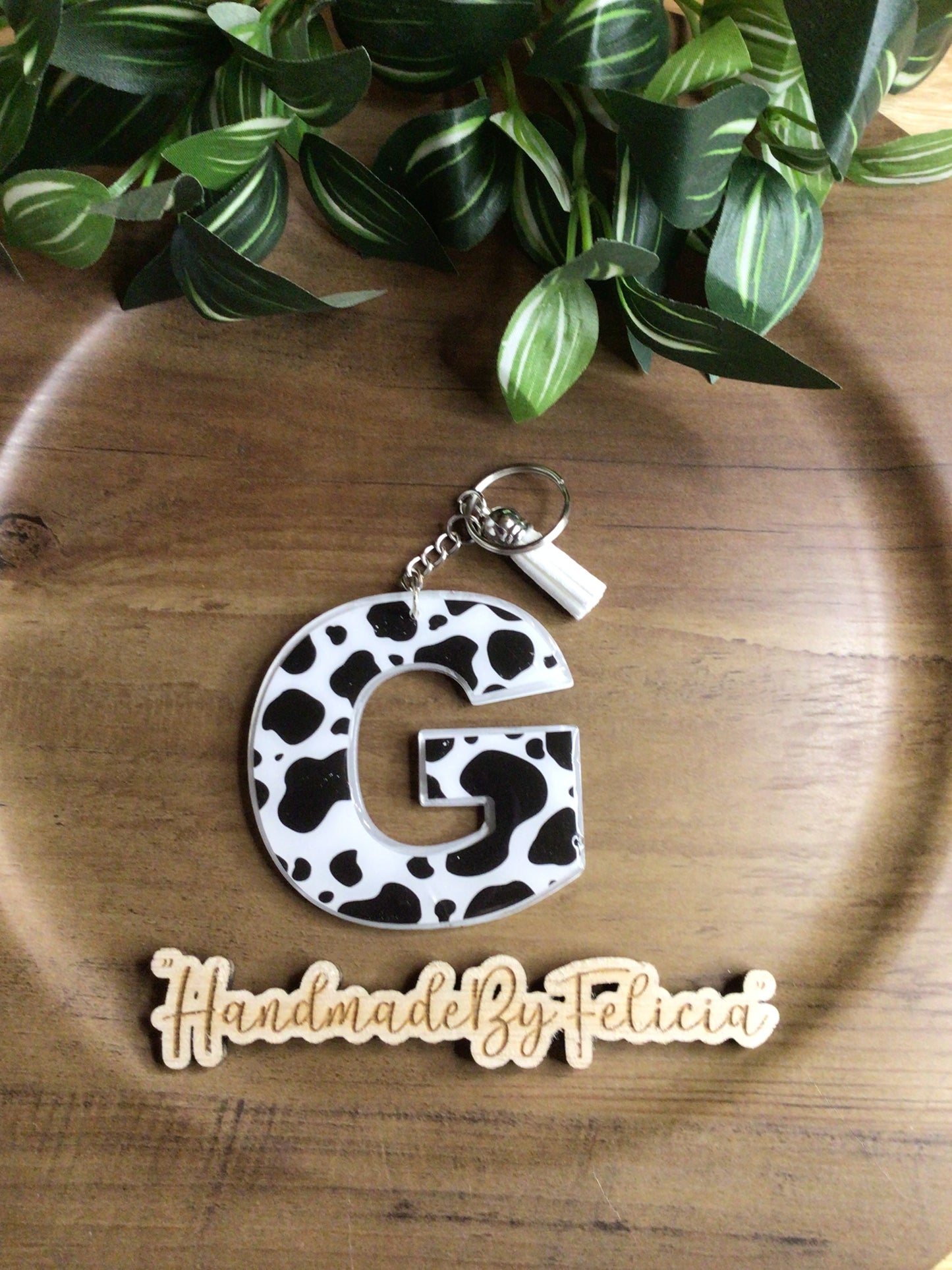 Cow print initial G acrylic keychain