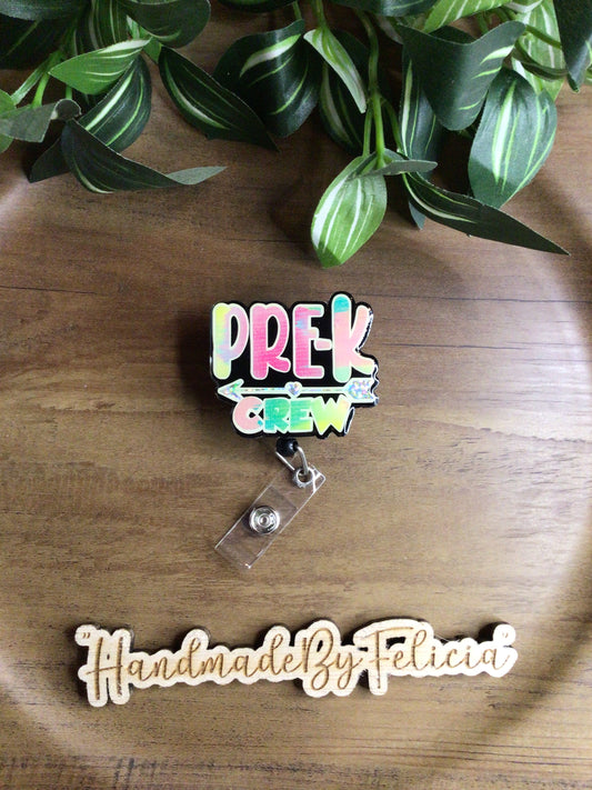 Pink pre-k crew acrylic badge reel