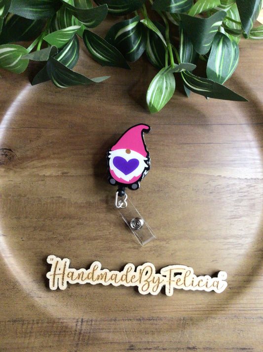 Purple Heart gnome acrylic badge reel