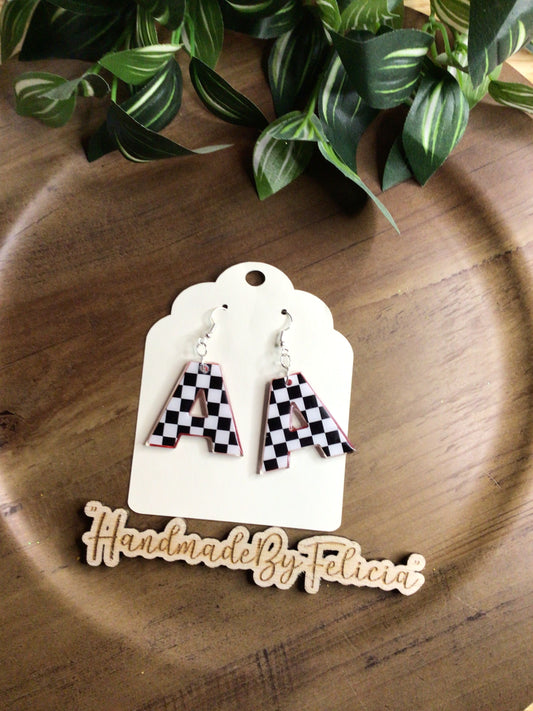 Acrylic letter A earrings checkered