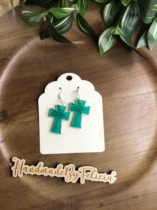 Green acrylic cross earrings