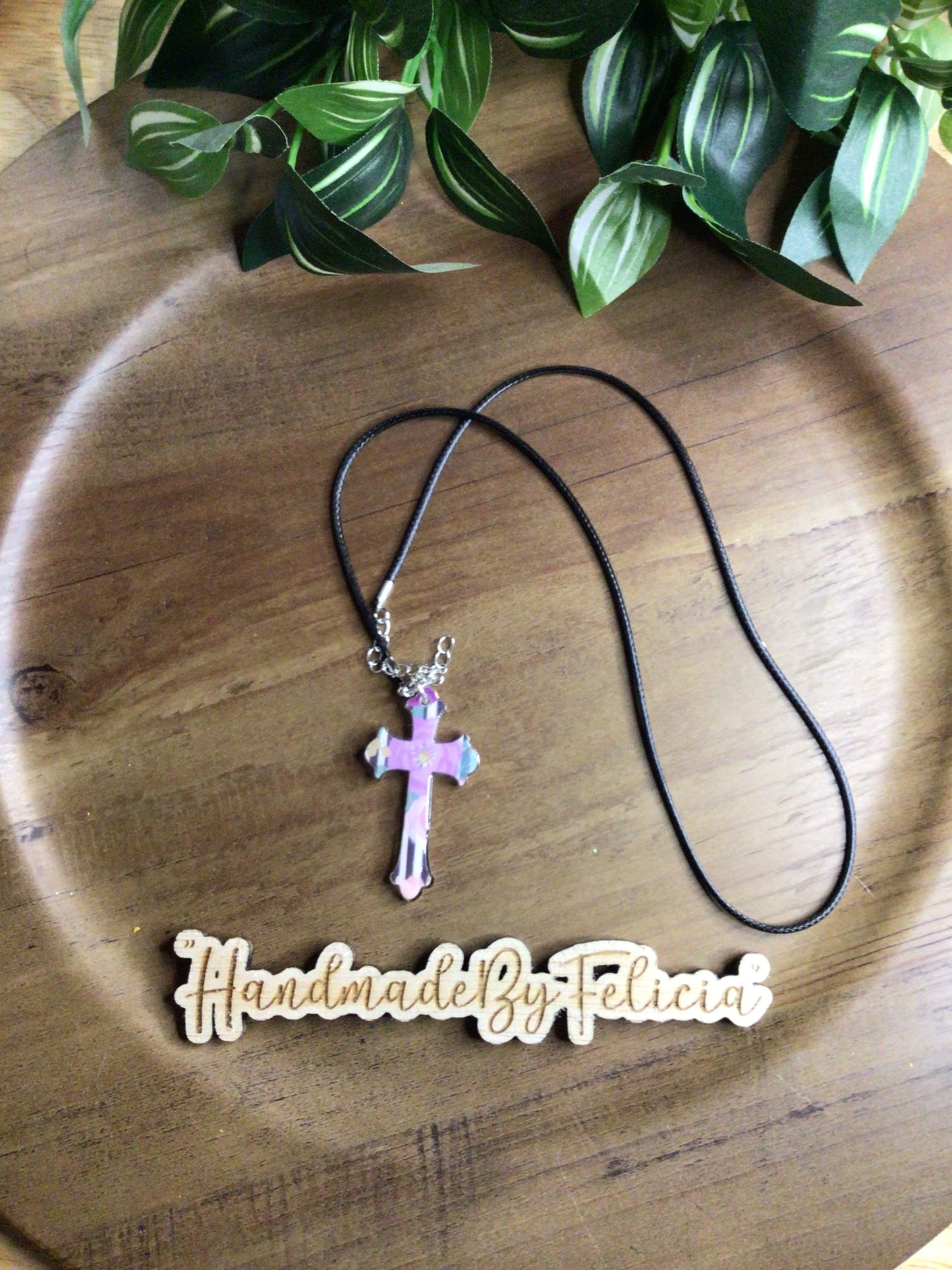 Purple acrylic cross necklace