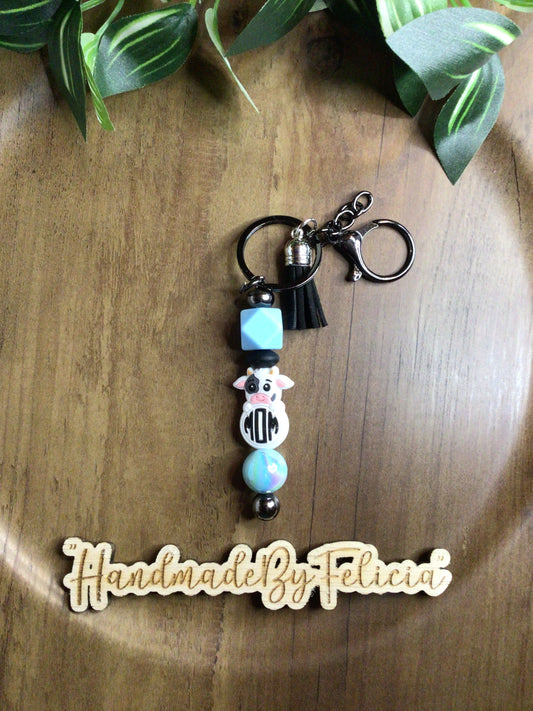 Mom cow keychain blue