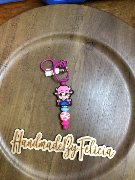Girl cow pink hat keychain