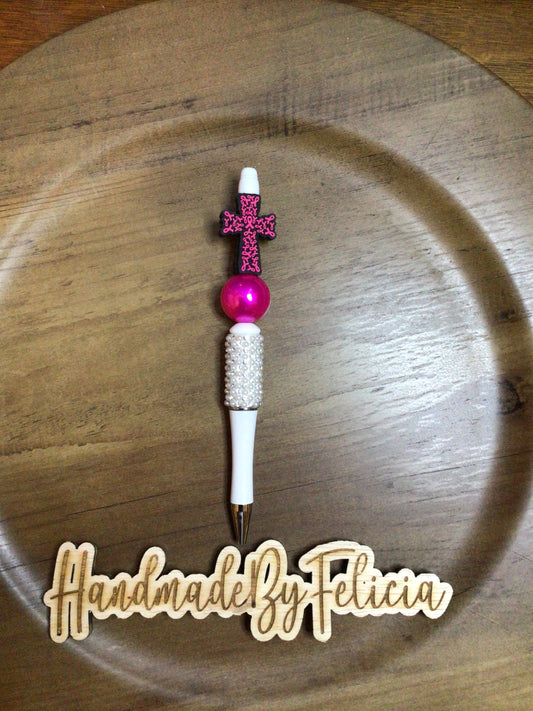 Pink cross on white bling pen