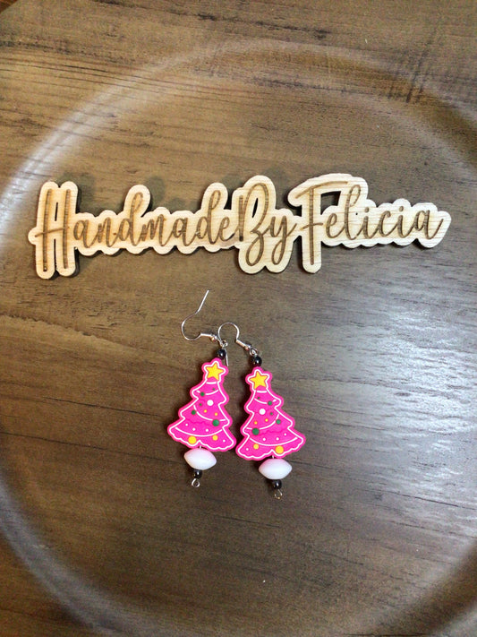 Pink Christmas tree earrings white