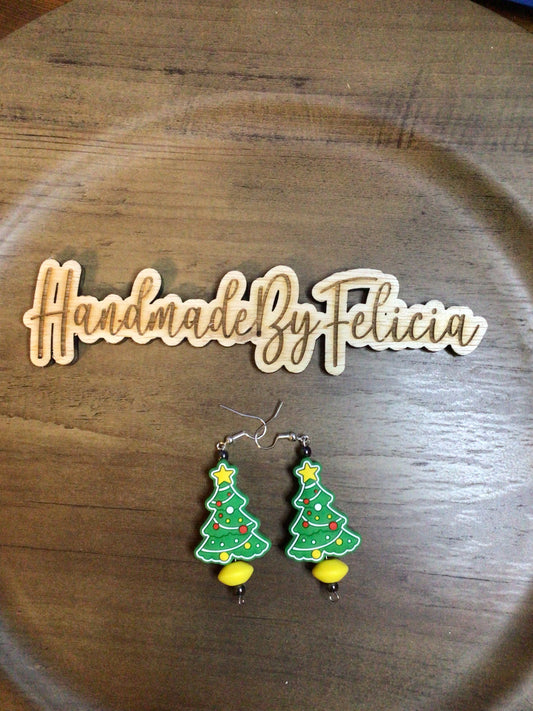 Green Christmas tree earrings yellow