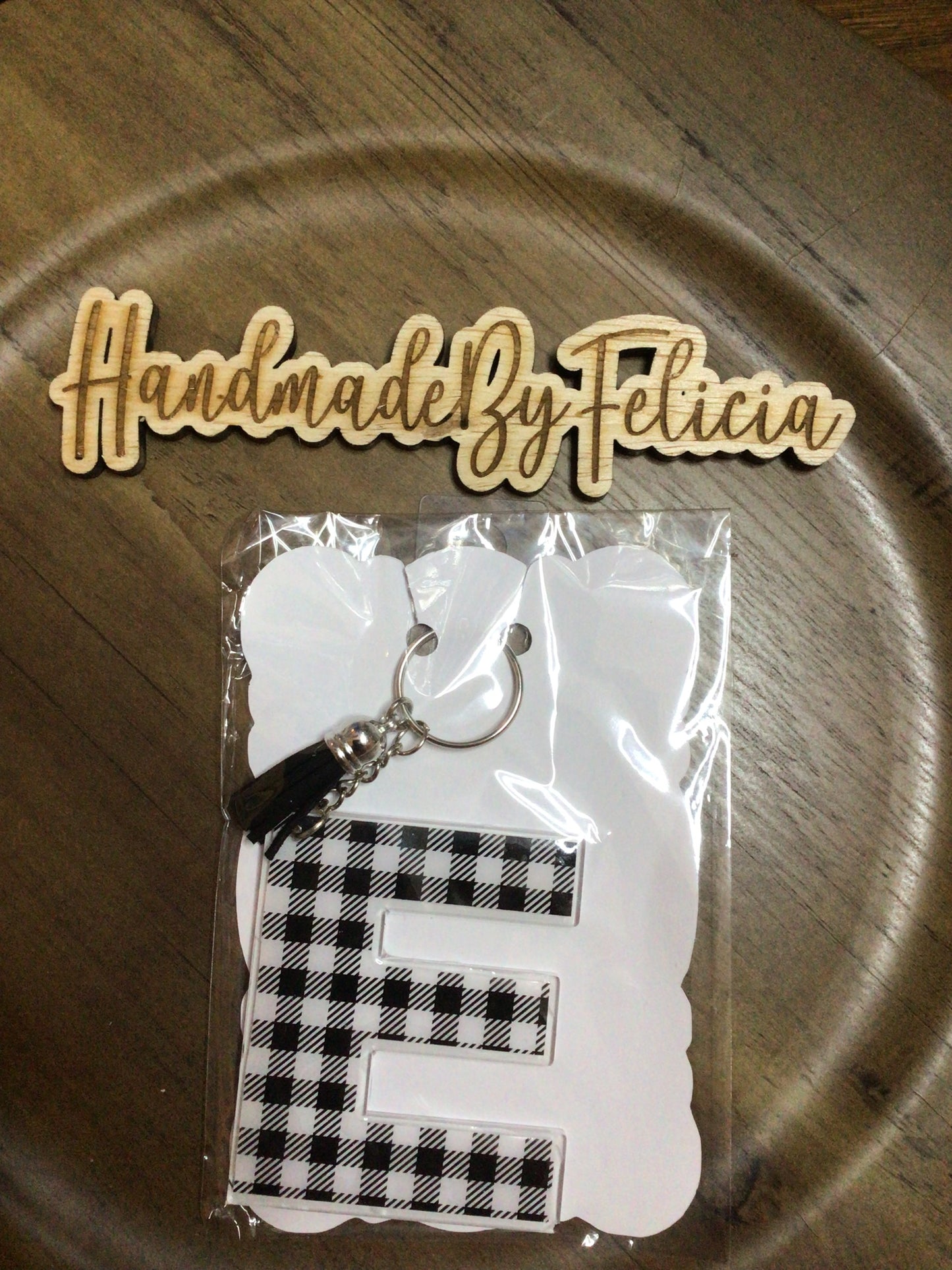Letter E acrylic keychain checkered