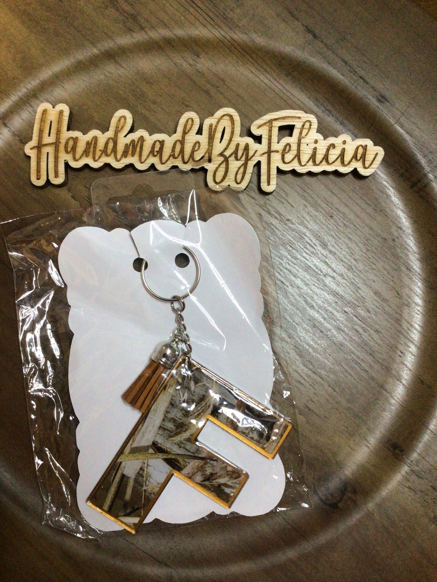 Camo letter F acrylic keychain